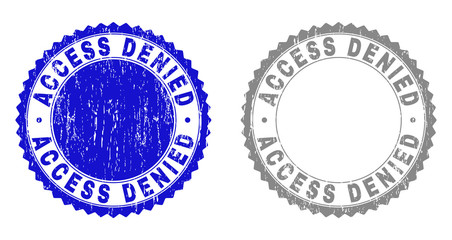ACCESS DENIED stamp seals with grunge texture in blue and gray colors isolated on white background. Vector rubber imitation of ACCESS DENIED label inside round rosette.