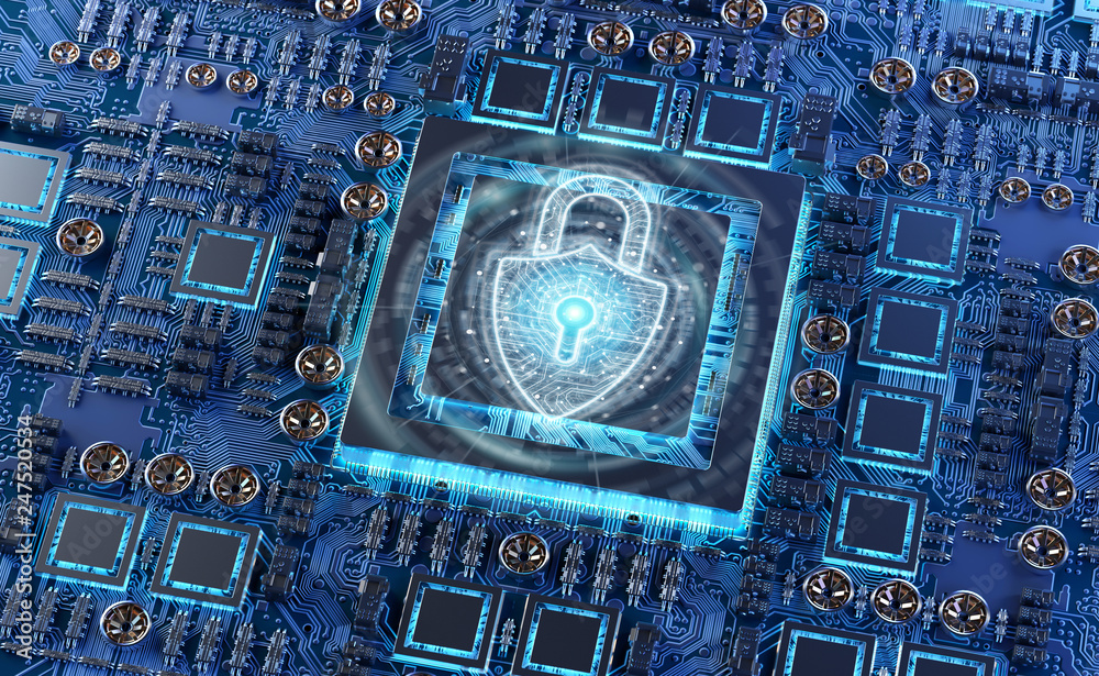 Poster close-up view of a modern gpu card with shield protection 3d rendering