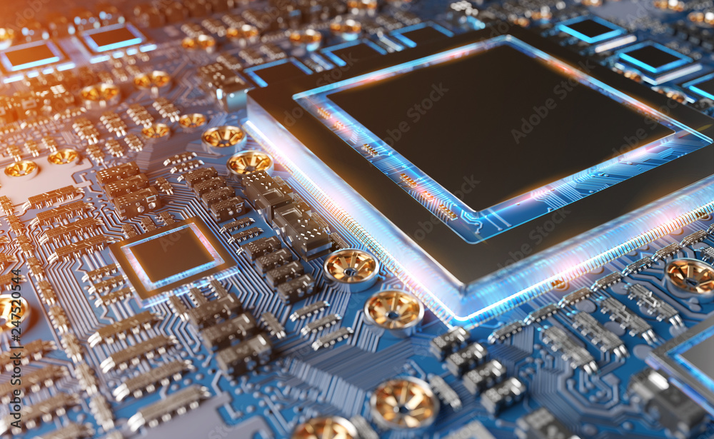 Fototapete close-up view of a modern gpu card with circuit 3d rendering