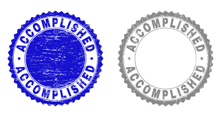 ACCOMPLISHED stamp seals with grunge texture in blue and gray colors isolated on white background. Vector rubber imprint of ACCOMPLISHED tag inside round rosette. Stamp seals with dirty textures.