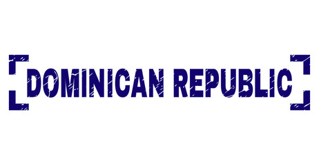 DOMINICAN REPUBLIC tag seal stamp with corroded texture. Text title is placed between corners. Blue vector rubber print of DOMINICAN REPUBLIC with corroded texture.