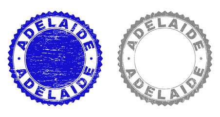 ADELAIDE stamp seals with distress texture in blue and grey colors isolated on white background. Vector rubber imitation of ADELAIDE caption inside round rosette. Stamp seals with retro textures.