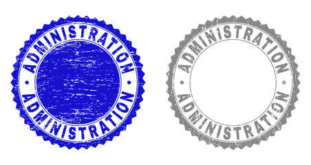 ADMINISTRATION stamp seals with distress texture in blue and gray colors isolated on white background. Vector rubber imitation of ADMINISTRATION text inside round rosette.