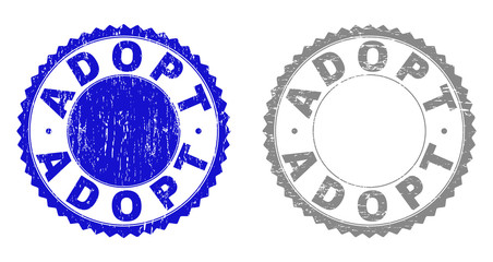 ADOPT stamp seals with grunge texture in blue and gray colors isolated on white background. Vector rubber imprint of ADOPT tag inside round rosette. Stamp seals with grunge textures.