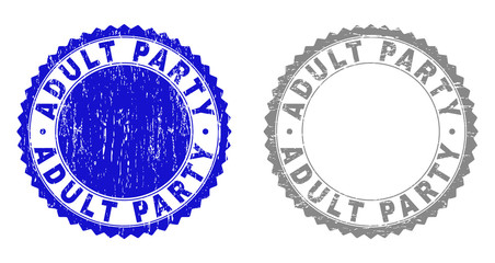 ADULT PARTY stamp seals with grunge texture in blue and grey colors isolated on white background. Vector rubber imitation of ADULT PARTY text inside round rosette. Stamp seals with scratched styles.