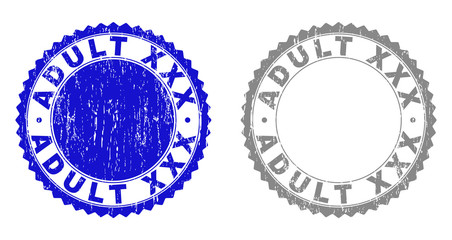 ADULT XXX stamp seals with distress texture in blue and grey colors isolated on white background. Vector rubber imitation of ADULT XXX text inside round rosette. Stamp seals with scratched styles.