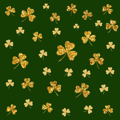 Patricks Day seamless pattern with gold trefoil