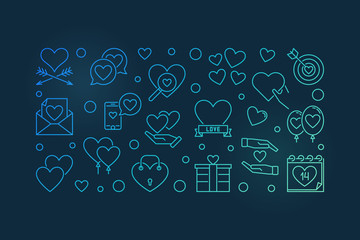 14 February Valentine's Day vector linear colorful illustration or banner on dark background