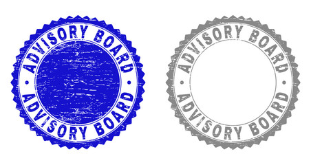 ADVISORY BOARD stamp seals with distress texture in blue and gray colors isolated on white background. Vector rubber watermark of ADVISORY BOARD caption inside round rosette.