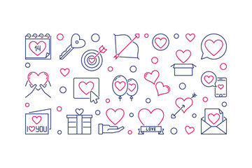 Saint Valentine's Day vector outline horizontal illustration. Love concept banner