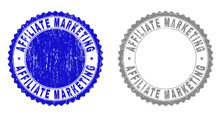 AFFILIATE MARKETING stamp seals with distress texture in blue and grey colors isolated on white background. Vector rubber imitation of AFFILIATE MARKETING title inside round rosette.