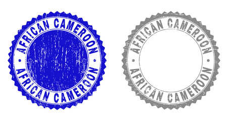 AFRICAN CAMEROON stamp seals with grunge texture in blue and gray colors isolated on white background. Vector rubber imitation of AFRICAN CAMEROON tag inside round rosette.