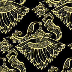 seamless floral golden pattern on black background hand drawn. Vector illustration retro style 