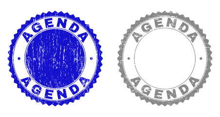 AGENDA stamp seals with distress texture in blue and gray colors isolated on white background. Vector rubber watermark of AGENDA label inside round rosette. Stamp seals with retro textures.