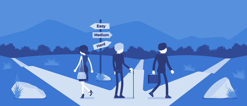 People choosing a path, way, life direction. Three people pick out alternatives between easy, medium, hard road pointers, management and guidance metaphor. Vector illustration, faceless characters