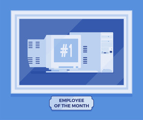 Computer employee of the month winner. Gadget the best worker, achieving excellence in reward program for hard and productive work, photo of leader on wall. Vector illustration, faceless characters