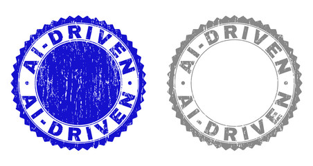 AI-DRIVEN stamp seals with grunge texture in blue and grey colors isolated on white background. Vector rubber watermark of AI-DRIVEN caption inside round rosette. Stamp seals with scratched textures.