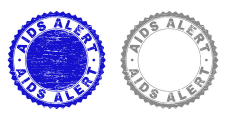 AIDS ALERT stamp seals with grunge texture in blue and gray colors isolated on white background. Vector rubber watermark of AIDS ALERT title inside round rosette. Stamp seals with dust textures.