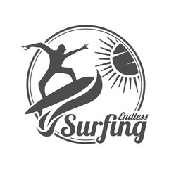 Endless surfing. Summer surfing sports vector logo , surf board and ocean wave. Summer sport surfing, illustration of sport surf board badge