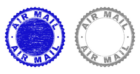 AIR MAIL stamp seals with distress texture in blue and grey colors isolated on white background. Vector rubber imprint of AIR MAIL caption inside round rosette. Stamp seals with scratched styles. - obrazy, fototapety, plakaty