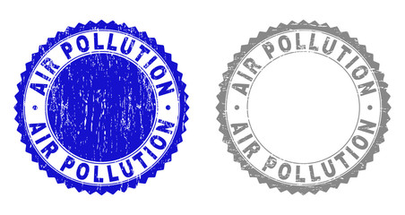 AIR POLLUTION stamp seals with distress texture in blue and gray colors isolated on white background. Vector rubber watermark of AIR POLLUTION text inside round rosette.