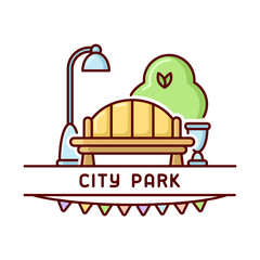 City park card with benchl, lamp, urn and bush. Cartoon style vector illustration