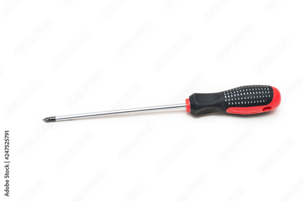 Wall mural shiny metal screwdriver for repair with a plastic black and red handle, the concept of manual labor 