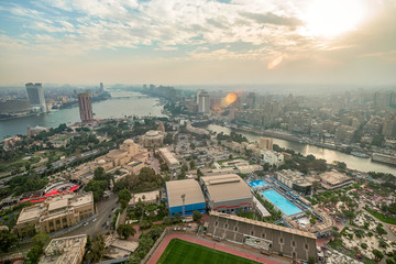 .11/18/2018 Cairo, Egypt, panoramic view of the central and business part of the city from the observation deck at the highest tower of the African capital at sunset