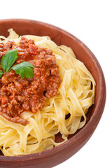 Fresh and delicious spagetti bolognese on white background