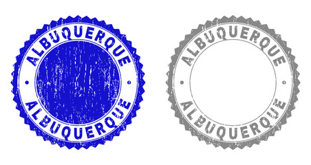 ALBUQUERQUE stamp seals with distress texture in blue and grey colors isolated on white background. Vector rubber imitation of ALBUQUERQUE title inside round rosette. Stamp seals with retro textures.