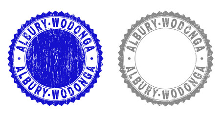 ALBURY-WODONGA stamp seals with grunge texture in blue and gray colors isolated on white background. Vector rubber watermark of ALBURY-WODONGA title inside round rosette.