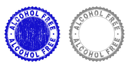 ALCOHOL FREE stamp seals with grunge texture in blue and gray colors isolated on white background. Vector rubber overlay of ALCOHOL FREE label inside round rosette. Stamp seals with grunge textures.
