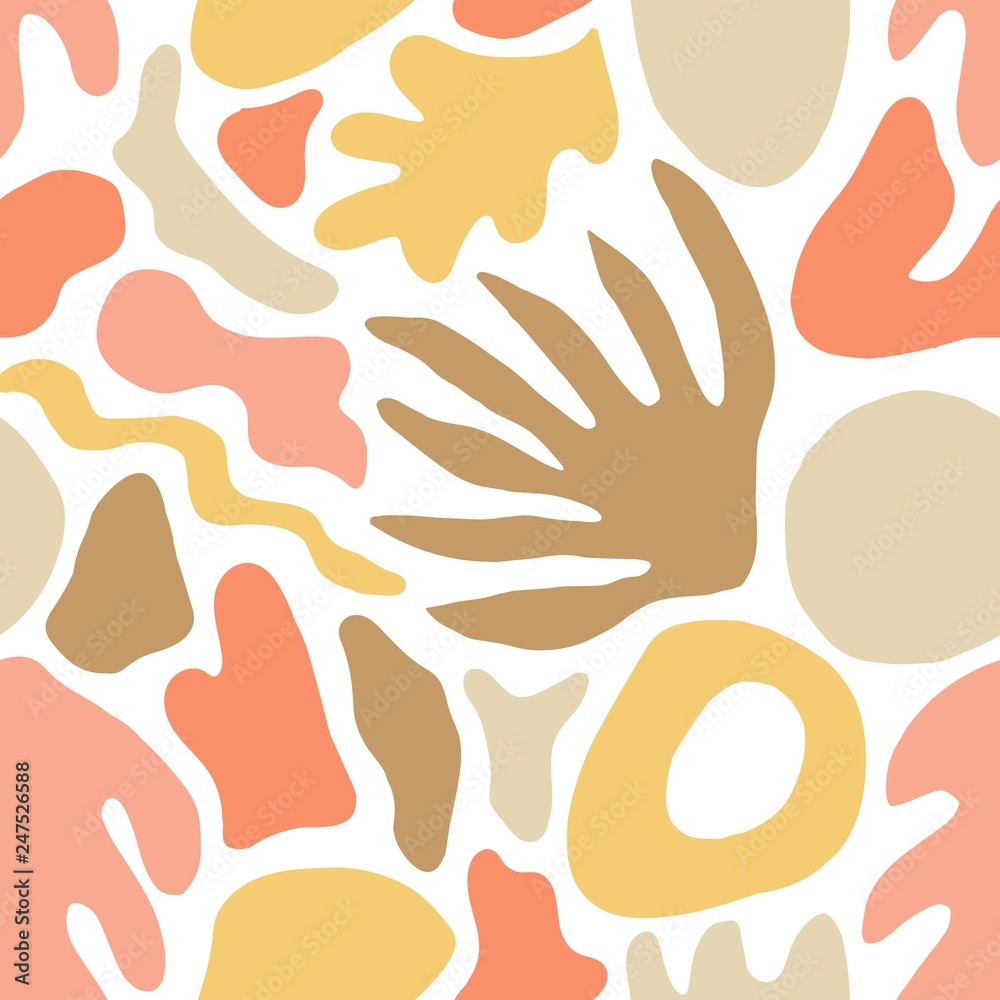 Poster abstract seamless pattern in pastel colors with shapes and nature leaves on white background. modern