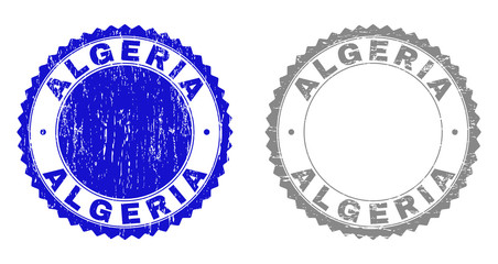 ALGERIA stamp seals with distress texture in blue and gray colors isolated on white background. Vector rubber imprint of ALGERIA text inside round rosette. Stamp seals with dirty styles.