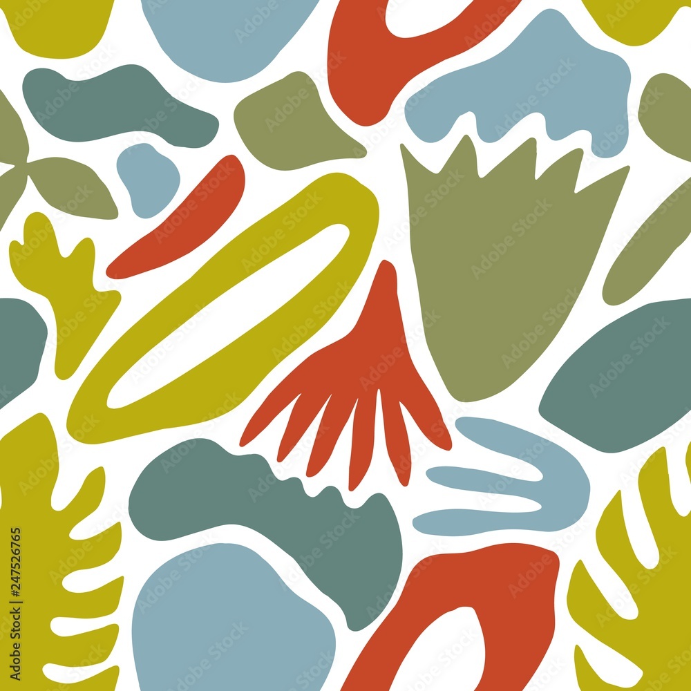 Poster bright seamless pattern with abstract colorful shapes and green nature elements on white background.