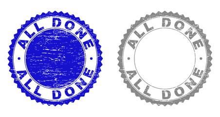 ALL DONE stamp seals with distress texture in blue and grey colors isolated on white background. Vector rubber imitation of ALL DONE title inside round rosette. Stamp seals with corroded textures.