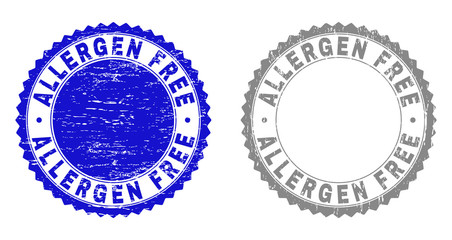ALLERGEN FREE stamp seals with grunge texture in blue and gray colors isolated on white background. Vector rubber imitation of ALLERGEN FREE label inside round rosette. Stamp seals with grunge styles.