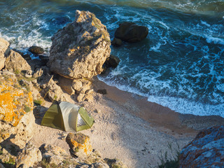 We pitched a tent in a wild place. We first found this place. This is a shell beach on the Azov...