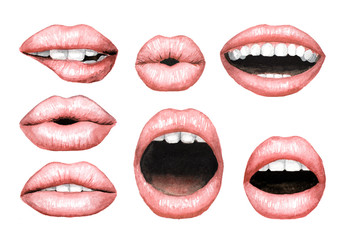 Plump puffy pink lips with Nude lipstick set. Watercolor hand drawn illustration,  isolated on white background