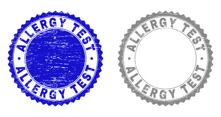 ALLERGY TEST stamp seals with grunge texture in blue and grey colors isolated on white background. Vector rubber imprint of ALLERGY TEST title inside round rosette. Stamp seals with unclean styles.