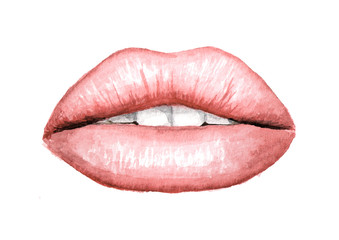 Plump puffy pink lips with Nude lipstick. Watercolor hand drawn illustration,  isolated on white background