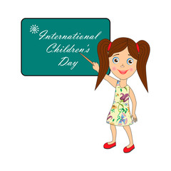 International childrens day label with little girl