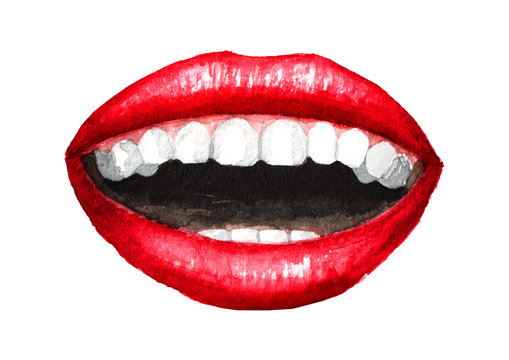 Sexy open smiling lips with red lipstick and white teeth. Watercolor hand drawn illustration, isolated on white background\
