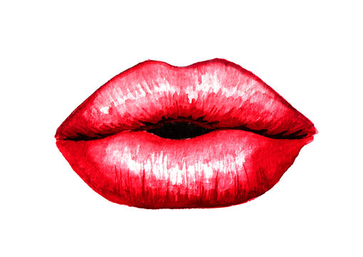 Sexy Plump puffy kissing lips with red lipstick. Watercolor hand drawn illustration  isolated on white background