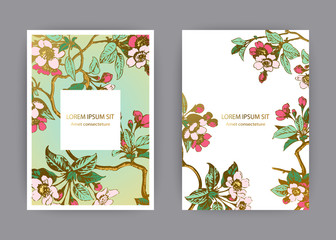Botanical wedding invitation card template design, hand drawn sakura flowers and leaves branche, pastel color vintage rural with square frame on green gold background, retro style vector illustration