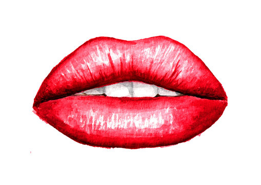 Sexy Plump puffy lips with red lipstick. Watercolor hand drawn illustration,  isolated on white background