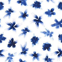 Loose indigo florals. Seamless watercolor pattern. - obrazy, fototapety, plakaty