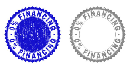 0% FINANCING stamp seals with grunge texture in blue and grey colors isolated on white background. Vector rubber imprint of 0% FINANCING label inside round rosette. Stamp seals with corroded textures.