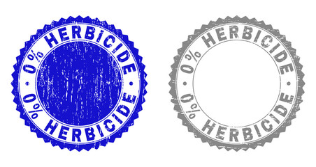 0% HERBICIDE stamp seals with grunge texture in blue and gray colors isolated on white background. Vector rubber imitation of 0% HERBICIDE text inside round rosette.