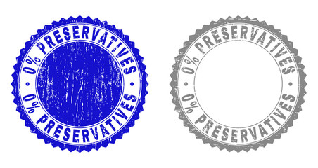 0% PRESERVATIVES stamp seals with grunge texture in blue and grey colors isolated on white background. Vector rubber watermark of 0% PRESERVATIVES title inside round rosette.